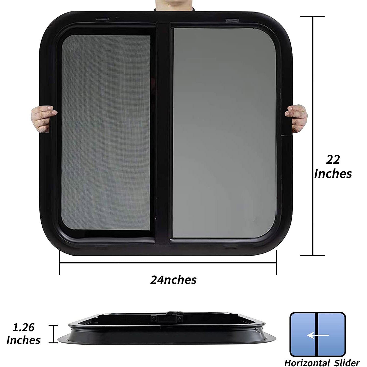 RV Murts Replacement RV Windows,24"W x 22"H DOT Certification Qualified Horizontal Slide RV Windows,1-3/4’’Wall Thickness