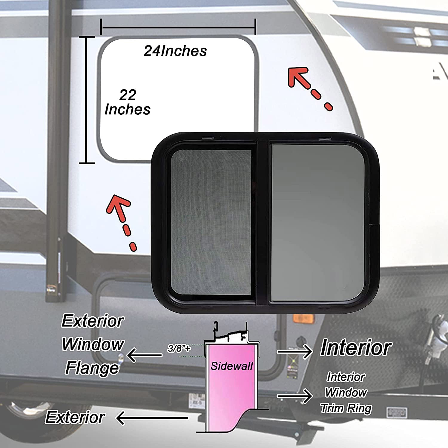 RV Murts Replacement RV Windows,24"W x 22"H DOT Certification Qualified Horizontal Slide RV Windows,1-3/4’’Wall Thickness