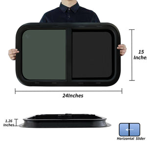 RV Murts Replacement RV Windows, 24"W x 15"H DOT Certification Qualified Horizontal Slide RV Windows,1-3/4’’ Wall Thickness w/Trim Ring