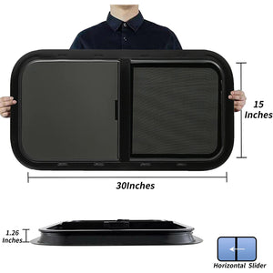 RV Murts Replacement RV Windows, 1 pieces 30"W x 15" H DOT Certification Qualified Horizontal Slide RV Windows ,1-3/4’’ Wall Thickness w/Trim Ring