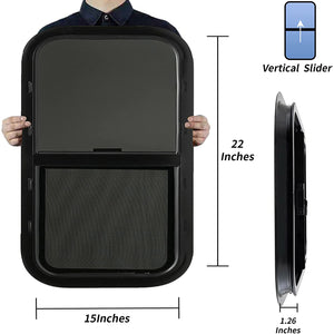 RV Murts Replacement RV Windows, 15"W x 22"H DOT Certification Qualified Vertical Slide RV Windows,1-3/4’’ Wall Thickness w/Trim Ring